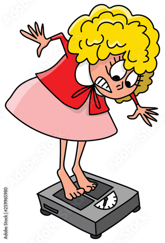 Cartoon woman gets shocked as she steps on the scale vector illustration