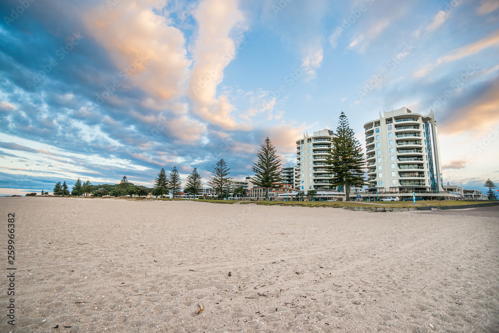 Mount Maunganui twin tower apartment buildings from beach