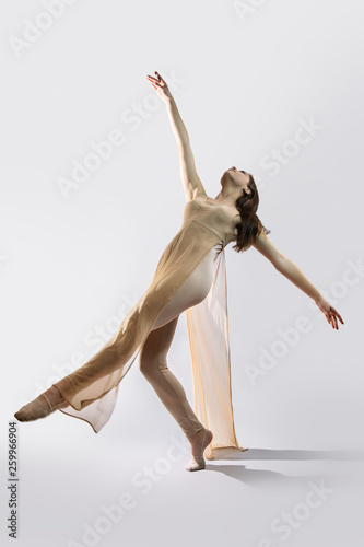 Fototapeta Naklejka Na Ścianę i Meble -  Ballerina. A young graceful ballet dancer dressed in professional attire demonstrates dancing skills. Modern dance