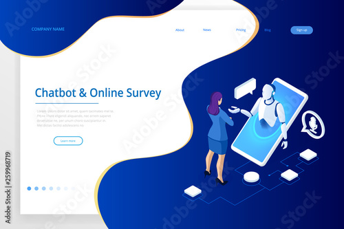 Isometric Chat bot and online survey. Online exam, questionnaire form, online education, internet quiz. Artificial intelligence. AI and business IOT concept.