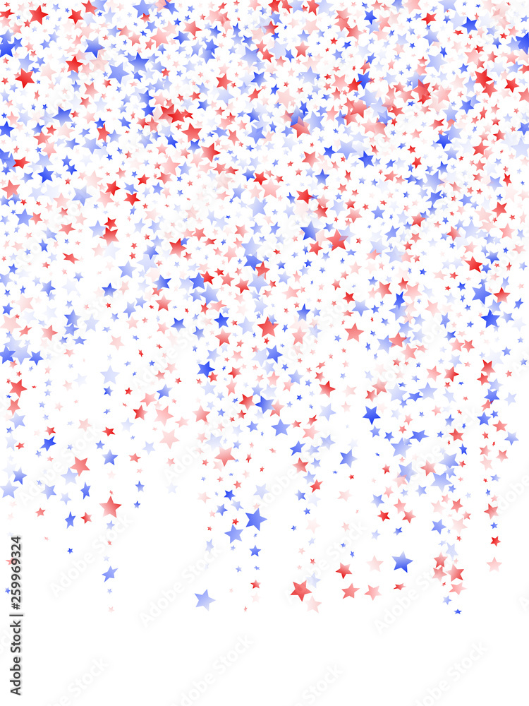 Flying red blue white star sparkles on white vector american patriotic background.