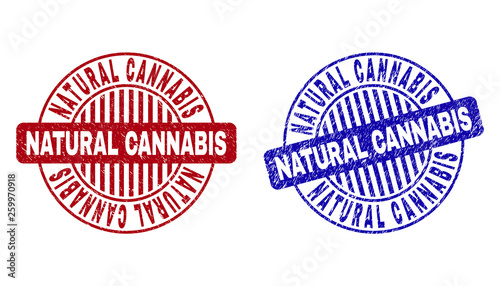 Grunge NATURAL CANNABIS round stamp seals isolated on a white background. Round seals with grunge texture in red and blue colors.