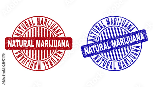 Grunge NATURAL MARIJUANA round watermarks isolated on a white background. Round seals with grunge texture in red and blue colors.