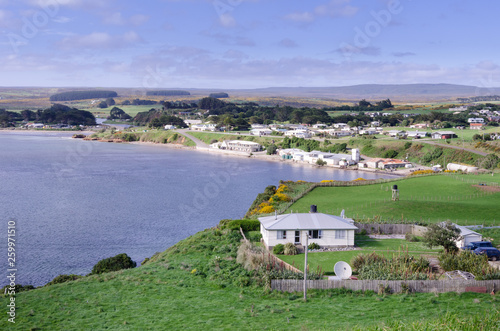 Elevated view of Waitangi, the main port and settlement of the Chatham Islands, New Zealand.