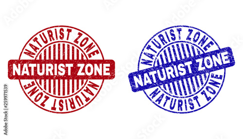 Grunge NATURIST ZONE round stamp seals isolated on a white background. Round seals with grunge texture in red and blue colors.