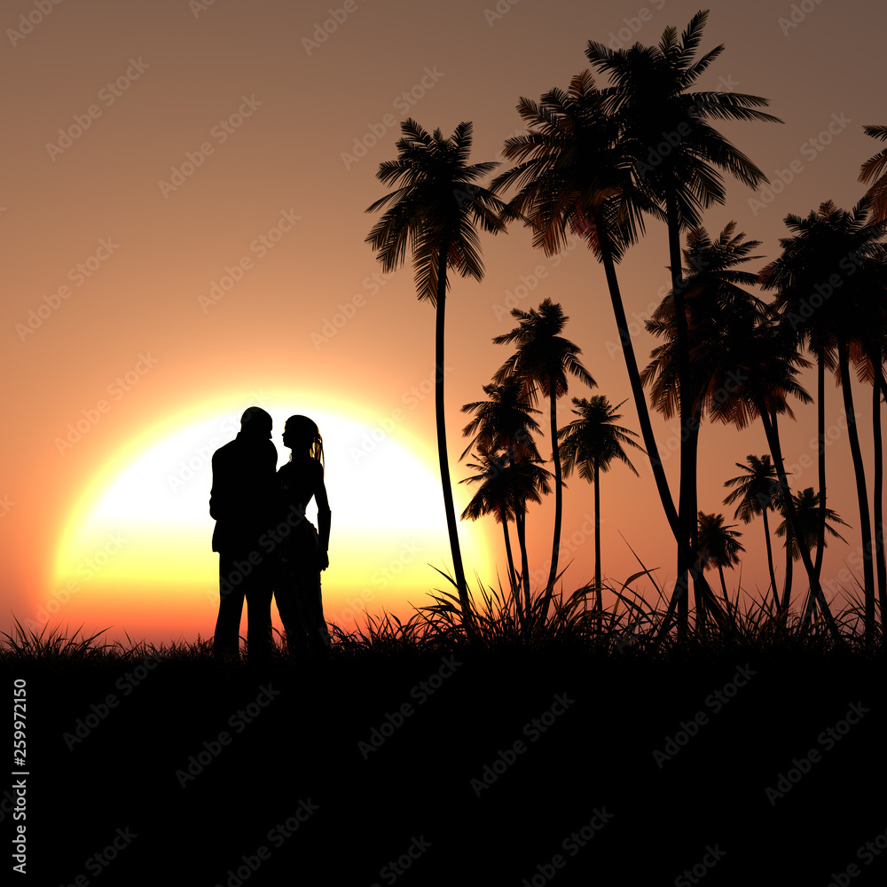 romantic couple in beautiful fantasy landscape sunset 