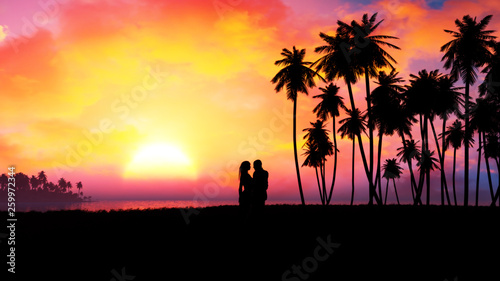 romantic couple in beautiful fantasy landscape sunset 
