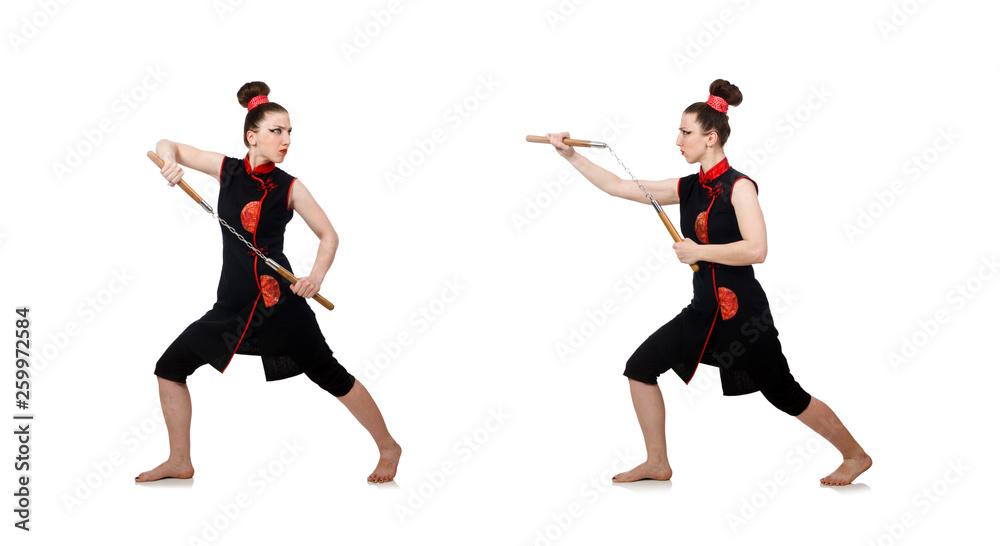 Funny woman with nunchucks isolated on white Funny woman with nunchucks isolated on white