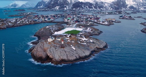 Aerial view over the soccer field in Henningsvær in the Lofoten Islands, Norway