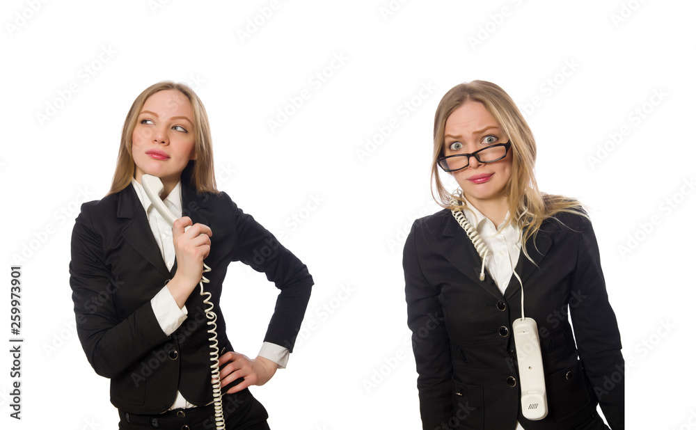 Pretty office employee holding phone isolated on white Pretty office employee holding phone isolated on white