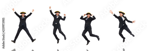 Jumping businessman wearing tricorn isolated on white