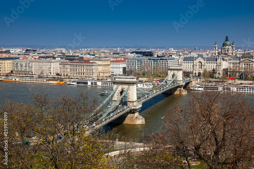 View of the Budapest city, chain bridge and Danube river