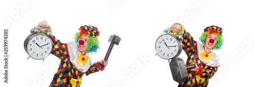 Clown with clock and hammer isolated on white