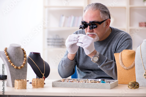 Canvas Print White bearded old jeweler at workshop