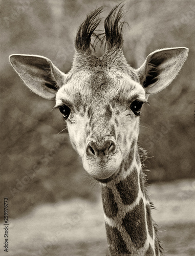 Curious Baby Giraffe Looking Right into Camera, Black and White photo