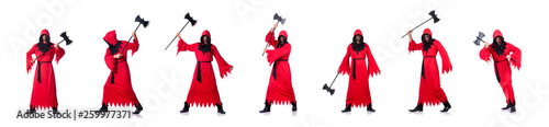 Executioner in red costume with axe on white