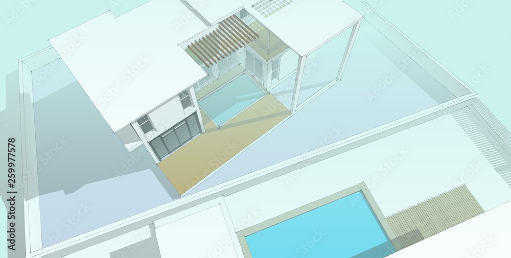 3D illustration architecture building perspective lines.