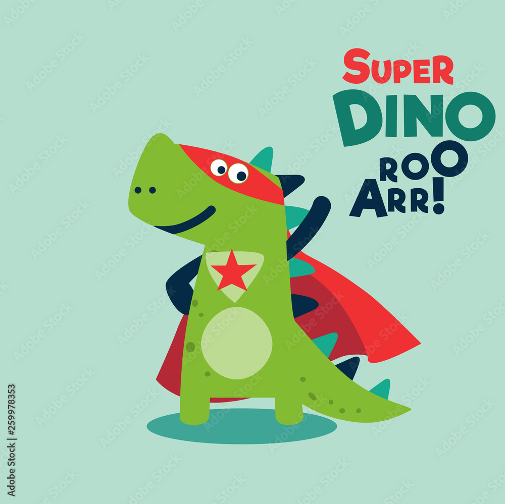Naklejka premium Funny dinosaur in superhero costume. Super Dino. Cartoon superhero standing with cape waving in the wind