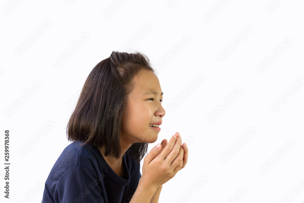 Asian little girl crying isolated on white background, sad offended child cries,sorrow emotion, feeling loss Asian little girl crying isolated on white background, sad offended child cries,sorrow emotion, feeling loss
