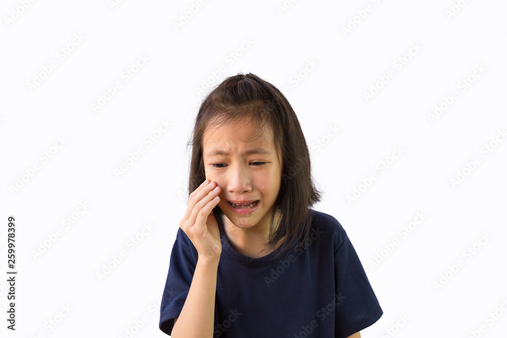 Asian little girl crying isolated on white background, sad offended child cries,sorrow emotion, feeling loss Asian little girl crying isolated on white background, sad offended child cries,sorrow emotion, feeling loss