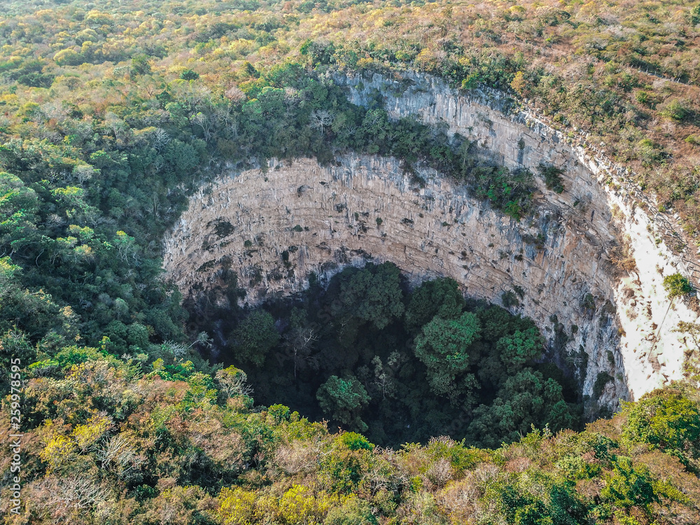 Aerial view of the amazing Sima de las Cotorras sinkhole, located in  Chiapas Mexico Stock Photo | Adobe Stock