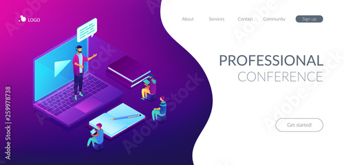 Business people watching online professional presentation on laptop. Online presentation, professional conference, web meeting room concept. Isometric 3D website app landing web page template