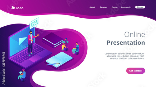 Business people watching online professional presentation on laptop. Online presentation, professional conference, web meeting room concept. Isometric 3D website app landing web page template