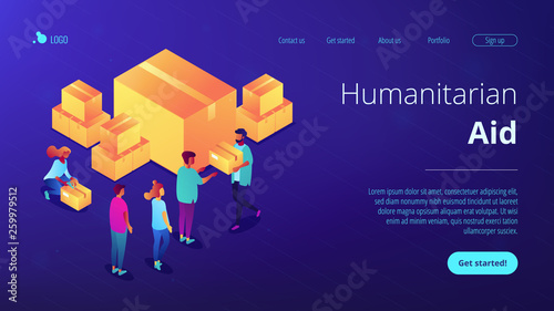 Volunteers giving humanitarian aid boxes delivered with parachute to refuges. Humanitarian aid, material assistance, governmental help concept. Isometric 3D website app landing web page template