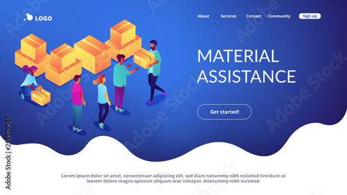 Volunteers giving humanitarian aid boxes delivered with parachute to refuges. Humanitarian aid, material assistance, governmental help concept. Isometric 3D website app landing web page template