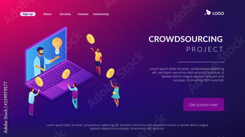 Businessman with idea on laptop rasing money via internet to support project. Crowdfunding, crowdsourcing project, alternative financing concept. Isometric 3D website app landing web page template