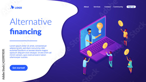 Businessman with idea on laptop rasing money via internet to support project. Crowdfunding, crowdsourcing project, alternative financing concept. Isometric 3D website app landing web page template