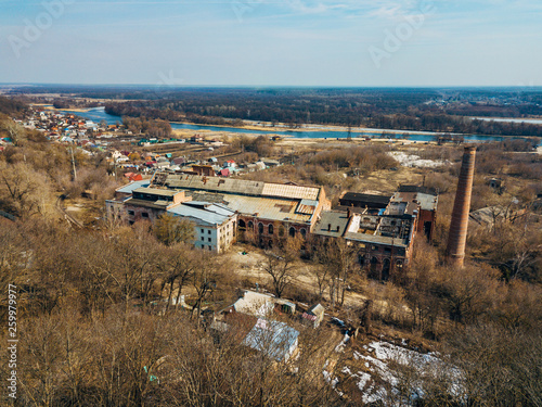 Ruined abandoned sugar factory, aerial view