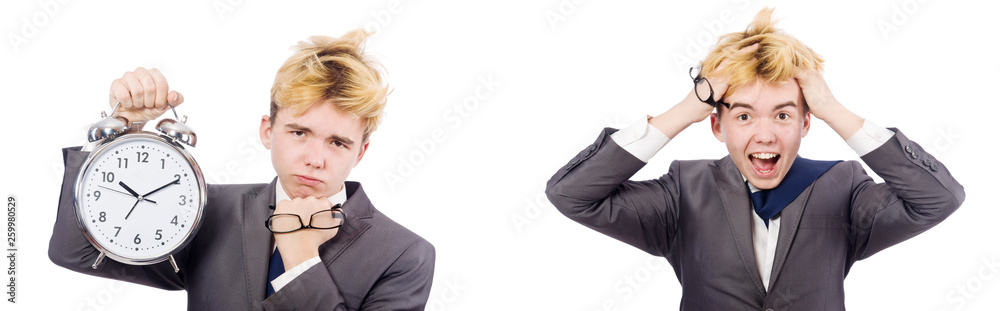 Young boy with alarm-clock in time management concept Young boy with alarm-clock in time management concept