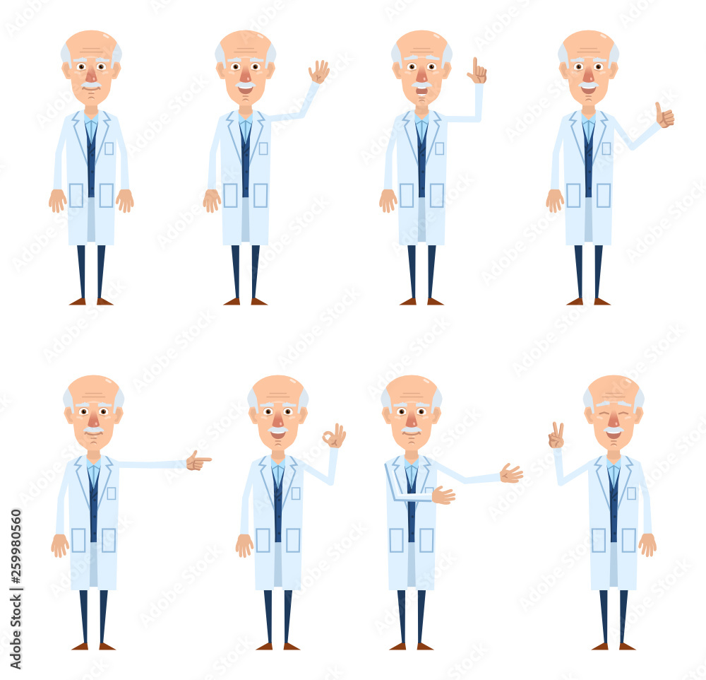 Set of old professor characters showing different hand gestures. Cheerful professor showing thumb up, pointing up, this way, greeting, waving, victory hand. Flat design vector illustration Set of old professor characters showing different hand gestures. Cheerful professor showing thumb up, pointing up, this way, greeting, waving, victory hand. Flat design vector illustration