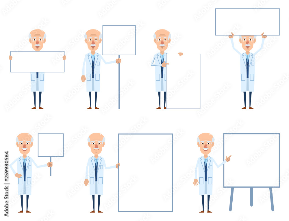 Set of old professor characters posing with different blank banners. Cheerful professor holding poster, paper, placard, pointing to whiteboard, explain, teach. Flat design vector illustration