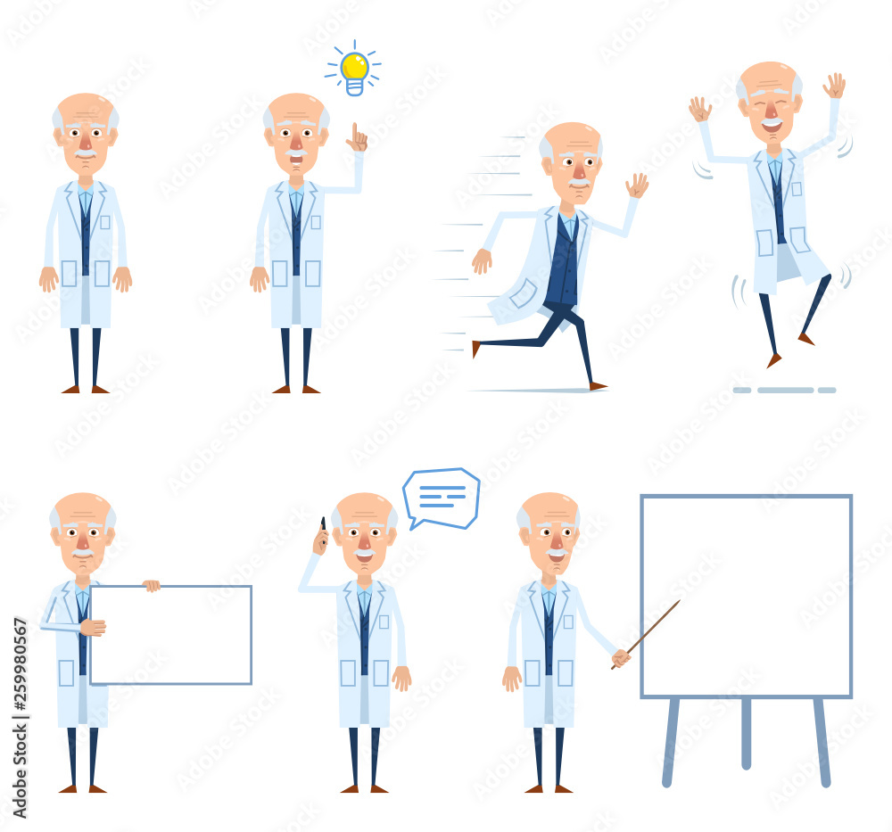 Set of old professor characters posing in different situations. Cheerful professor standing, running, jumping, pointing up, talking to phone, teaching. Flat design vector illustration Set of old professor characters posing in different situations. Cheerful professor standing, running, jumping, pointing up, talking to phone, teaching. Flat design vector illustration