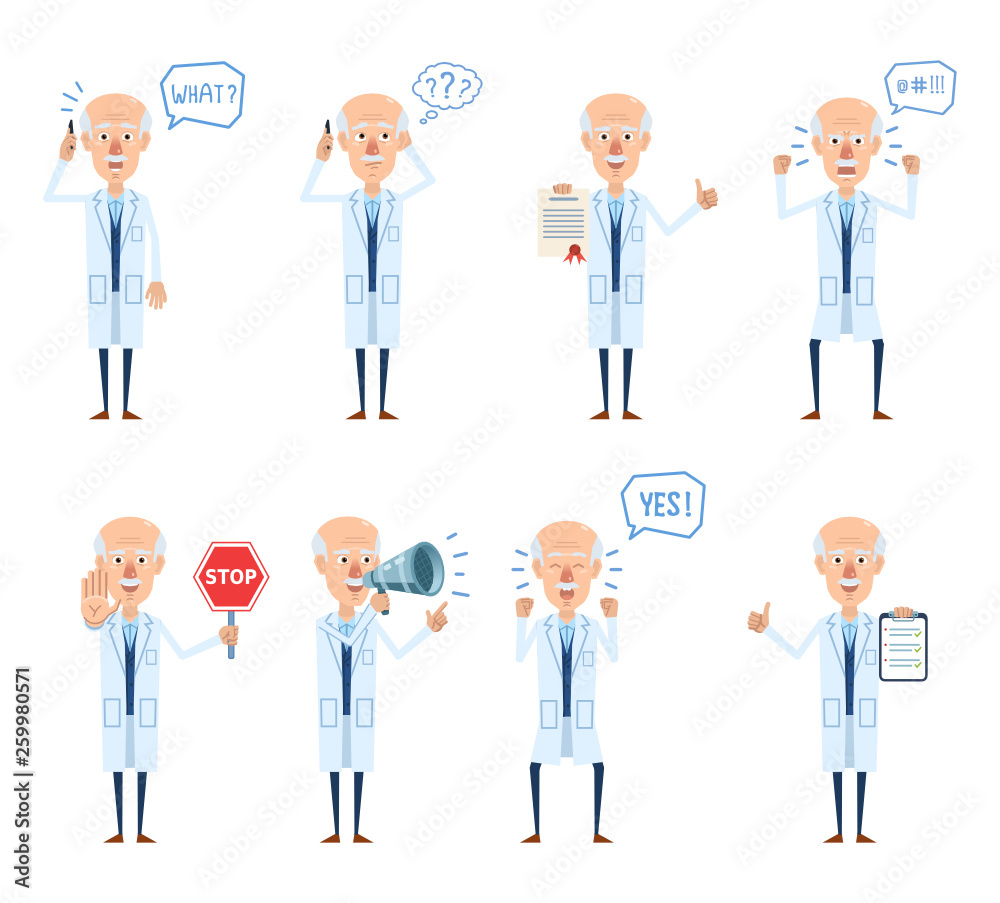 Set of old professor characters posing in different situations. Cheerful professor talking to phone, thinking, surprised, angry, holding stop sign, document. Flat style vector illustration Set of old professor characters posing in different situations. Cheerful professor talking to phone, thinking, surprised, angry, holding stop sign, document. Flat style vector illustration