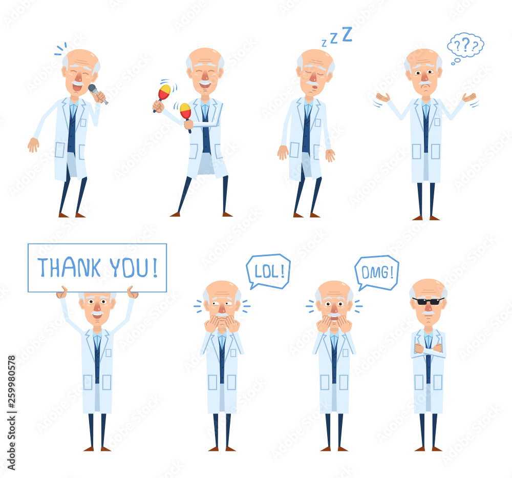 Set of old professor characters posing in different situations. Cheerful professor singing, dancing, sleeping, thinking, laughing, holding thank you poster. Flat style vector illustration Set of old professor characters posing in different situations. Cheerful professor singing, dancing, sleeping, thinking, laughing, holding thank you poster. Flat style vector illustration