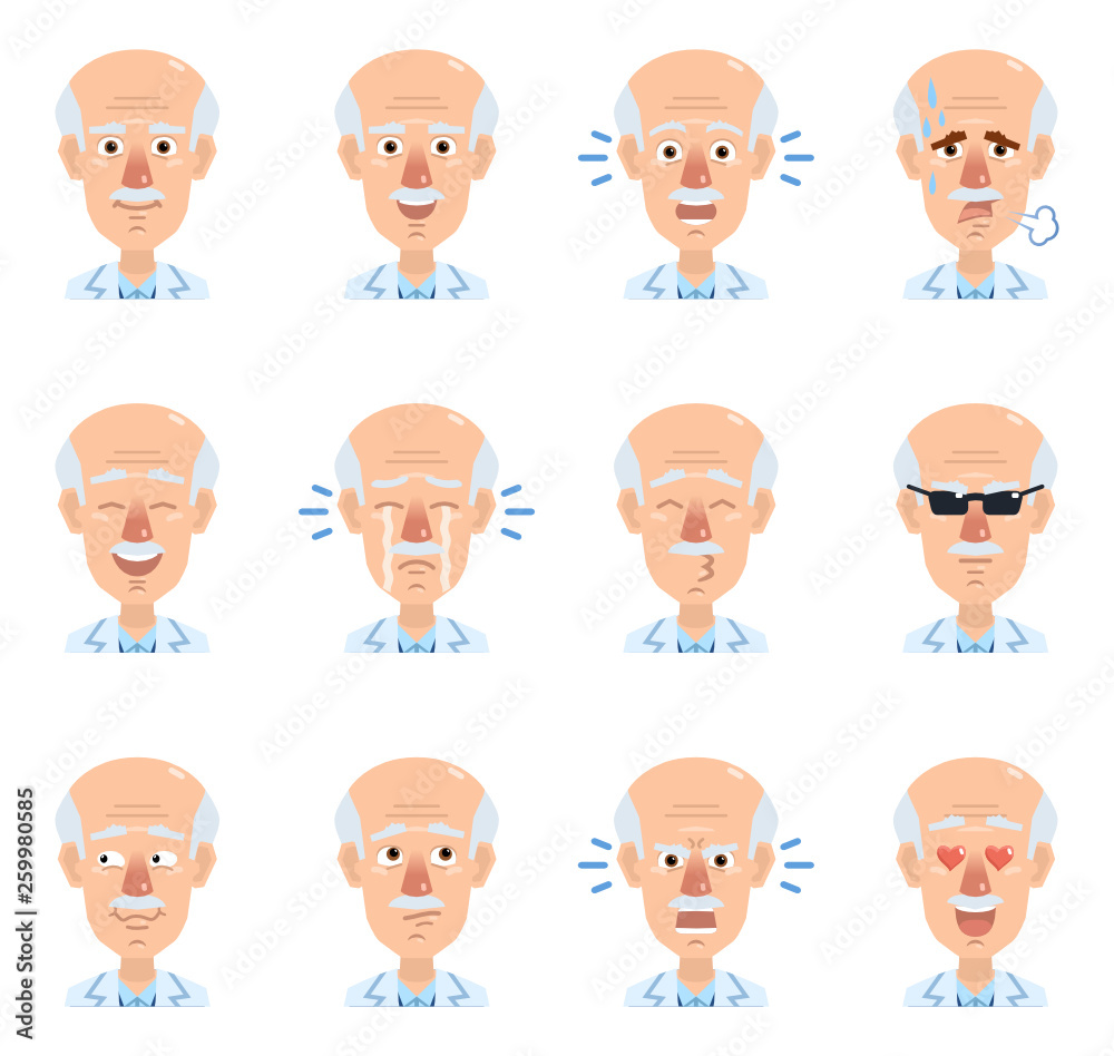Set of old professor emoticons. Cheerful professor avatars showing different emotions. Happy, sad, crying, laugh, smile, think, angry, surprised, love. Flat design vector illustration Set of old professor emoticons. Cheerful professor avatars showing different emotions. Happy, sad, crying, laugh, smile, think, angry, surprised, love. Flat design vector illustration