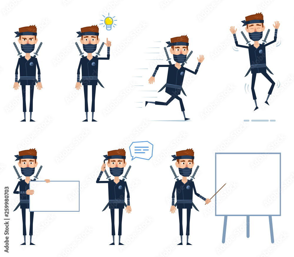 Set of ninja characters posing in different situations. Cheerful ninja standing, pointing to idea light bulb, running, jumping, talking to phone, teaching, holding blank banner. Vector illustration Set of ninja characters posing in different situations. Cheerful ninja standing, pointing to idea light bulb, running, jumping, talking to phone, teaching, holding blank banner. Vector illustration