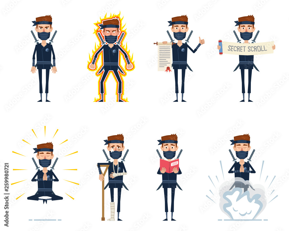 Set of ninja characters posing in different situations. Cheerful ninja standing, holding scroll, meditating, reading a book, injured, in rage, using secret technique. Flat style vector illustration