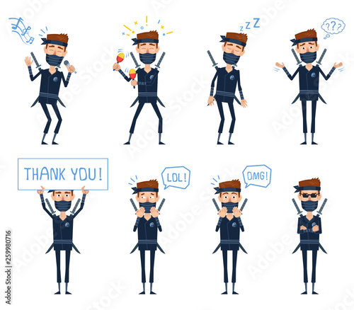 Set of ninja characters posing in different situations. Cheerful ninja singing, dancing, sleeping, thinking, laughing, surprised, serious, holding thank you banner. Flat design vector illustration