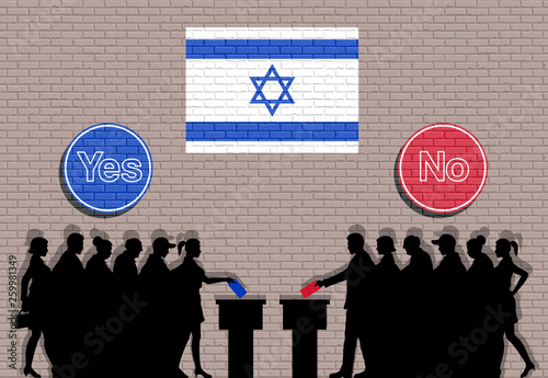 Israeli voters crowd silhouette in Israel election with yes and no signs graffiti