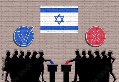 Israeli voters crowd silhouette in election with check marks and Israel flag graffiti