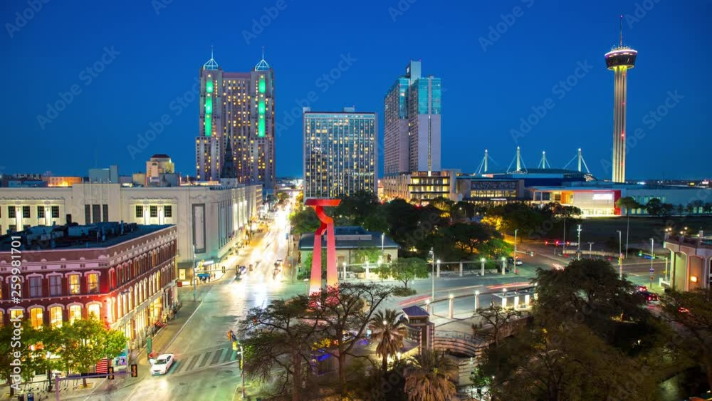 San Antonio TX Generic River Walk Downtown Cityscape in the Vibrant Texas City Center with Moving Lights from Driving Cars