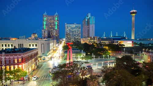 San Antonio TX Generic River Walk Downtown Cityscape in the Vibrant Texas City Center with Moving Lights from Driving Cars