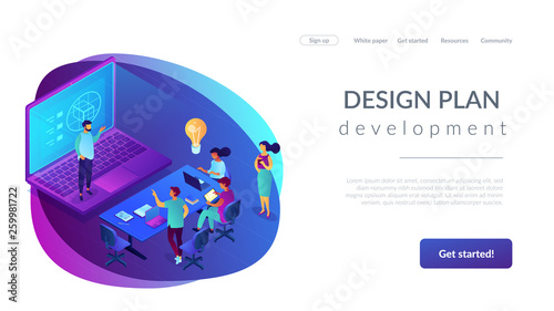 Tiny people team of designers at table brainstorming and planning strategy. Design strategy, design plan development, design project idea concept. Isometric 3D website app landing web page template