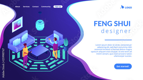 Feng shui consultant rearranges space for positive energy flow, tiny people. Feng shui interior, feng shui designer, home decor philosophy concept. Isometric 3D website app landing web page template photo