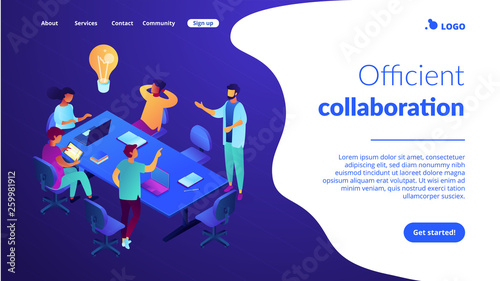 Tiny business people team at table brainstorming, sharing ideas. Productive team communication, efficient collaboration, open space office concept. Isometric 3D website app landing web page template