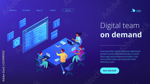 Tiny people software developers team working together coding. Software development team, best working group, digital team on demand concept. Isometric 3D website app landing web page template